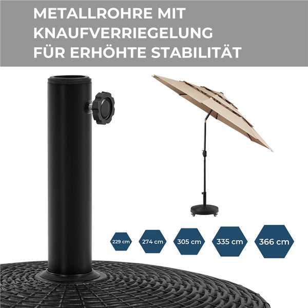 Sonnenschirmständer mit Metallrohr und Knaufverriegelung für Stabilität. Geeignet für Schirmdurchmesser von 229 bis 366 Zentimeter.