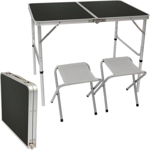 AMANKA klappbarer höhenverstellbarer Campingtisch 90x60x70 cm inkl. 2 Falthocker Campingtischset Kofferformat Dunkel Grau