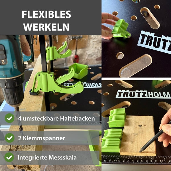 Werkbank mit verstellbaren Haltebacken, Klemmen und integrierter Messskala für flexible Arbeiten.