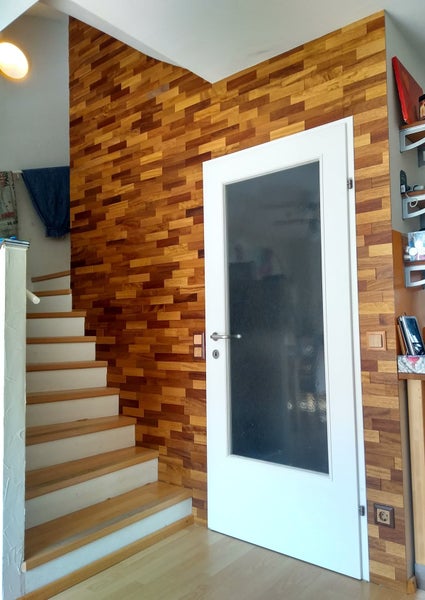 wodewa Wandverkleidung Holz 3D Optik Iroko, geölt 1m² Wandpaneele Moderne Wanddekoration Holzverkleidung Holzwand Wohnzimmer Küche Schlafzimmer
