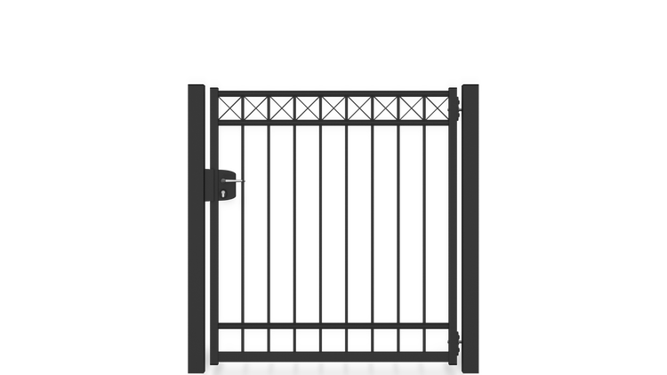 Gartentor ZAUNGURU BASIC-Linie Oldenburg Kreuz aus Metall, Höhe: 143cm, Breite: 150cm, 1-flügelig inkl. Pfosten, Schloss und Zubehör, Feuerverzinkt und in RAL 7016 Anthrazitgrau pulverbeschichtet