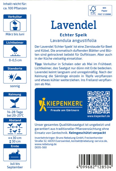 Saatgutpackung Lavendel Echter Speik von Kiepenkerl mit Anbauhinweisen und FSC Siegel