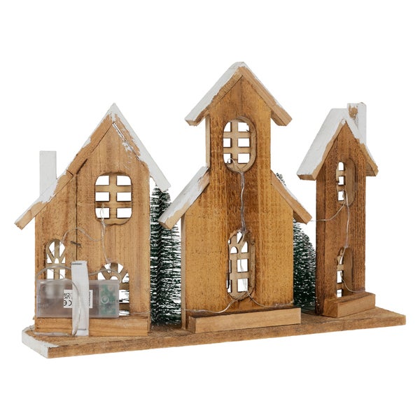 ECD Germany LED Holz Weihnachtsdorf, 38x12x27 cm, 20 LEDs warmweißes Licht, Weihnachtsdekoration, Winterdorf batteriebetrieben (2xAA), Weihnachtsstadt, Deko Häuser, Weihnachtsszene mit Beleuchtung