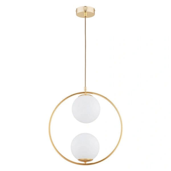 Moderne Pendelleuchte mit zwei runden Glaskugeln in einem Metallring für eine elegante Innenbeleuchtung