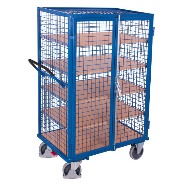 VARIOfit Etagenwagen, außen vergittert mit Flügeltür, Drehgriff und 5 Ladeflächen 1245x785mm