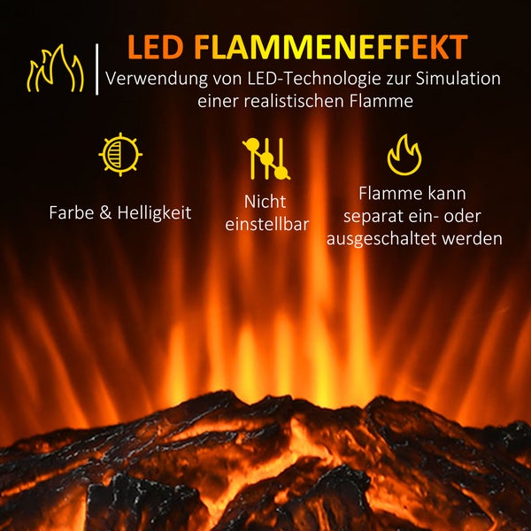 HOMCOM LED Elektrokamin mit Flammeneffekt, 1000/2000W, 2 Heizstufen, 44,5 x 32 x 74 cm, Stahl, Schwarz