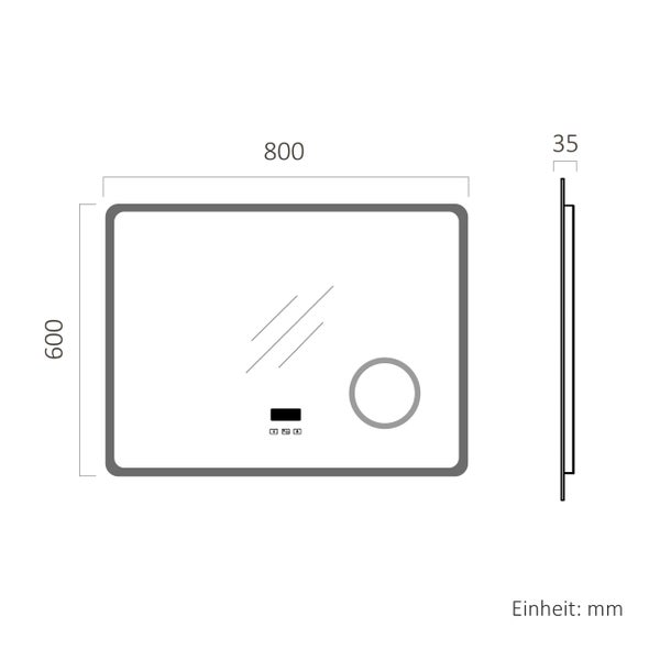 Technische Zeichnung eines Badspiegels mit den Maßen 800 Millimeter Breite, 600 Millimeter Höhe und 35 Millimeter Tiefe.