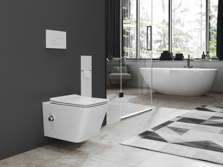 Modernes Badezimmer mit wandhängendem WC, freistehender Badewanne und geometrischem Teppich