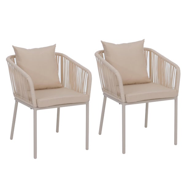 Zweier-Set beige Gartenstühle mit Seilgeflecht an Rücken- und Armlehnen, inklusive Sitz- und Rückenkissen.