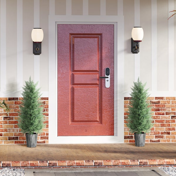 Eingangsbereich mit roter Haustür, silberfarbenem smartem Türschloss mit Keypad und Drücker, Wandleuchten und zwei dekorativen Bäumen im Topf.