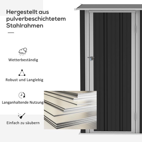 Outsunny Gerätehaus, Gartenhaus mit Tür, Outdoor, 142 x 84 x 189 cm, Stahl, Dunkelgrau