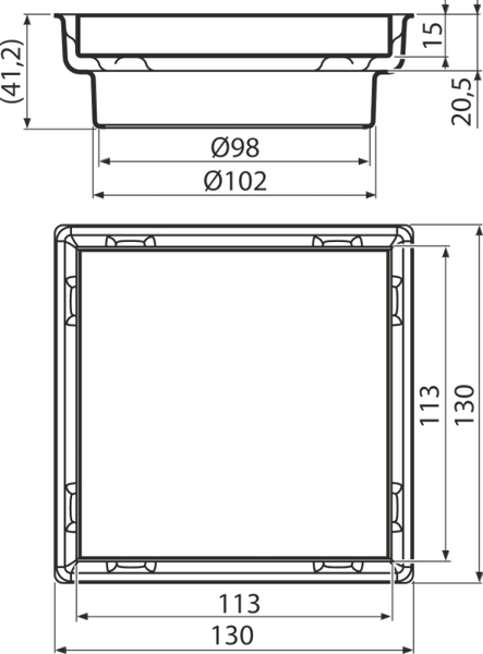 Technische Zeichnung eines quadratischen Ablaufs mit Seiten- und Draufsicht sowie Maßangaben in Millimetern.