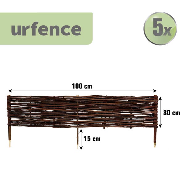 5er-Set urfence Weidenzaun Beetumrandung, 100 Zentimeter breit, 30 Zentimeter hoch, mit 15 Zentimeter langen Erdspießen.