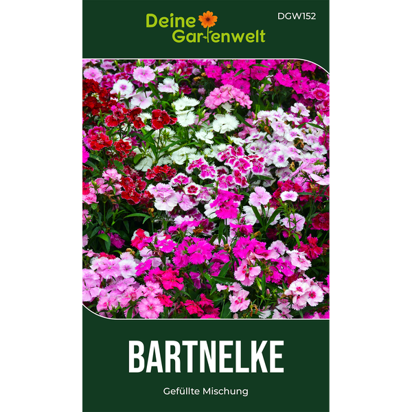 Samentüte für Bartnelke, gefüllte Mischung. Deine Gartenwelt Logo.
