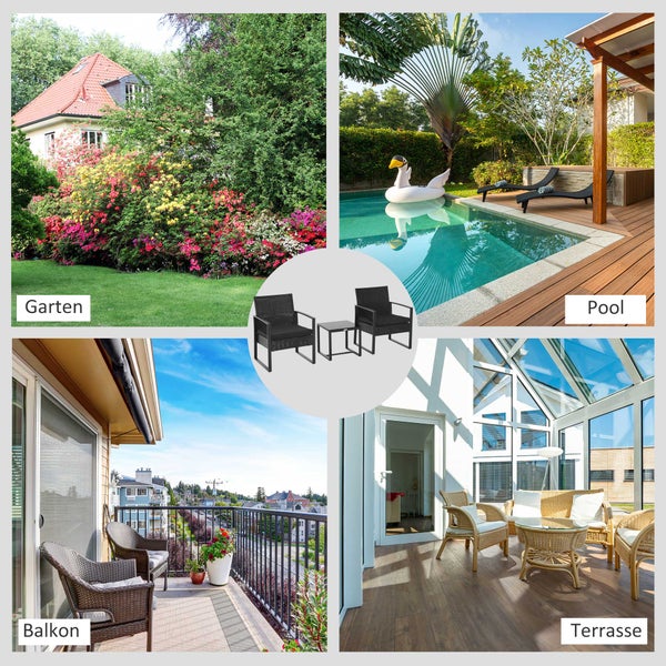 Outsunny 3-tlg. Gartenmöbel-Set, 63L x 57B x 76H cm, PE Polyrattan, Metall, Polyester, schwarz