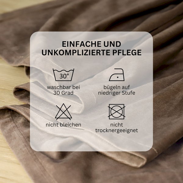 Pflegehinweise: waschbar bei 30 Grad, bügeln auf niedriger Stufe, nicht bleichen, nicht trocknergeeignet