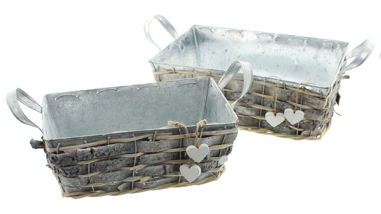 FRANK FLECHTWAREN | Pflanzer Weißes Herz, 2er Set, METALL, HOLZ, 26 x 14 x 10 cm, 30 x 20 x 12 cm, bei Direktbepflanzung mit Folie ausschlagen