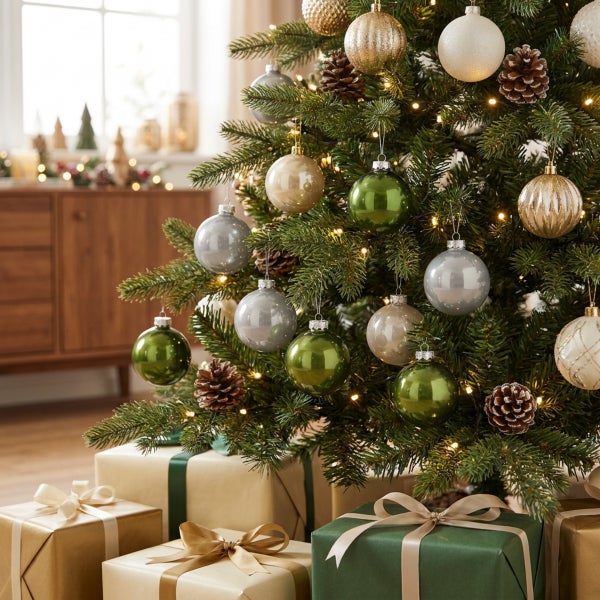 Geschmückter Weihnachtsbaum mit glänzenden Kugeln und Tannenzapfen sowie verpackten Geschenken in einem gemütlichen Wohnzimmer.
