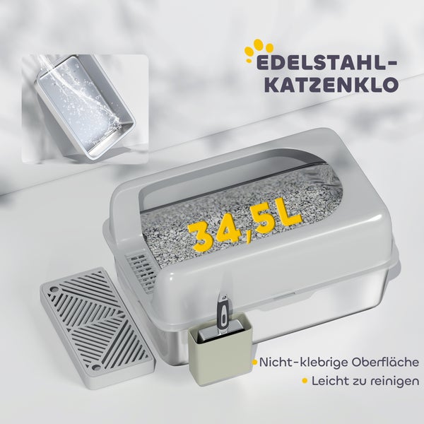 PawHut Katzenklo Edelstahl XXL 60x40x30 cm Katzentoilette mit Schaufel Katzenstreumatte Katzentoilette mit Aufbewahrungsbox Katze Toilettenhaus für Indoor Hellgrau