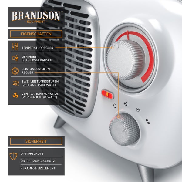 Brandson Keramik Heizlüfter 1500W im Retrodesign, Überhitzungsschutz, Thermosicherung, Umkippschutz, 2 Leistungsstufen, Weiß/Silber