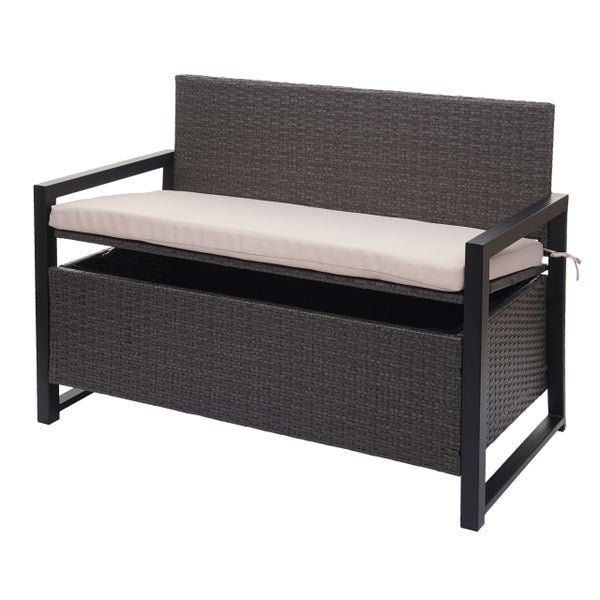 Gartenbank aus grauem Polyrattan mit integrierter Auflagenbox, schwarzem Metallgestell und beigem Sitzkissen.