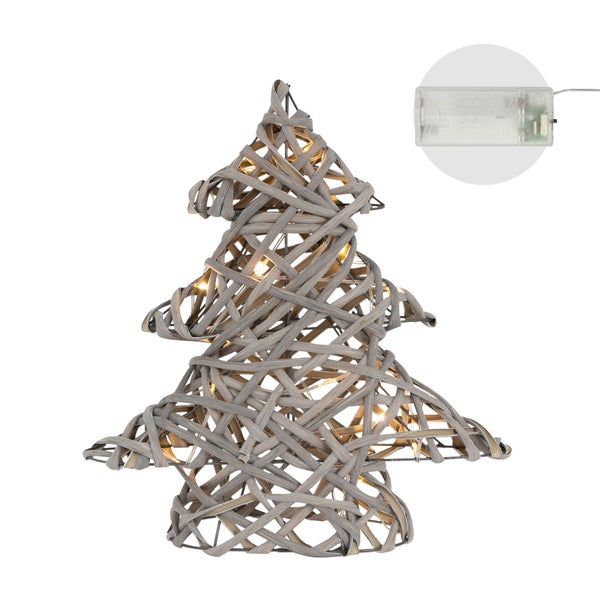 ECD Germany LED Deko Baum Weihnachten mit 15 warmweißen LEDs, 30 cm hoch, Rattan-Metall, Grau, Weihnachtsbaum mit Beleuchtung & Timer, batteriebetrieben, Lichterbaum Tannenbaum stehend Weihnachtsdeko