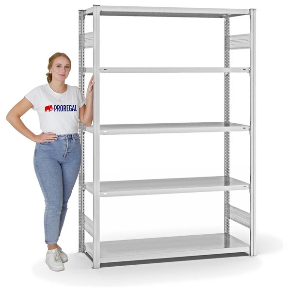 PROREGAL Fachbodenregal Stecksystem T-Profil Medium-Duty Grundregal HxBxT 200 x 130 x 50 cm 5 Ebenen Fachlast 230 kg Beidseitig Nutzbar Lichtgrau