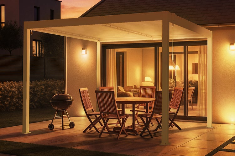 Pergola bioklimatisch aus Aluminium PIANA 297 x 298 x 218 cm selbsttragende - mit isolierten  verstellbares Lamellendach, weißem