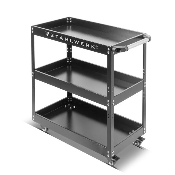 Werkstattwagen mit drei Ablageflächen und Stahlwerk Logo