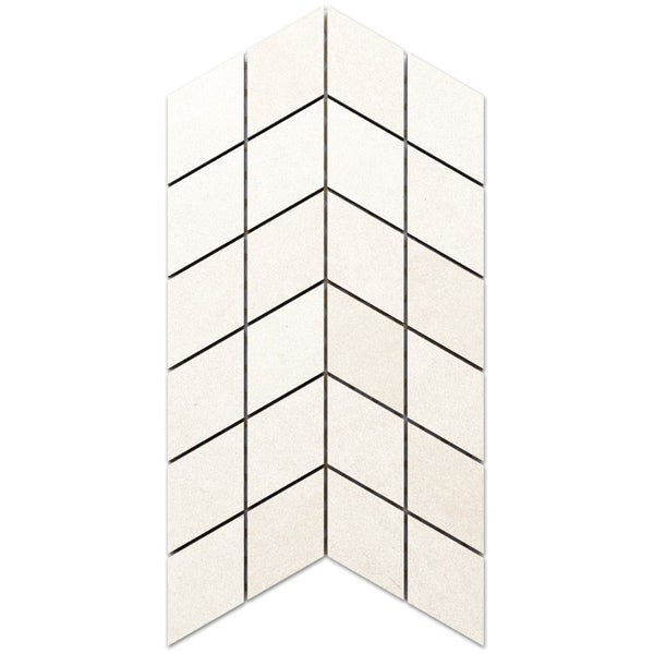 Mosaikfliese aus Feinsteinzeug mit Rautenmuster in Chevron-Optik und dunklen Fugen.