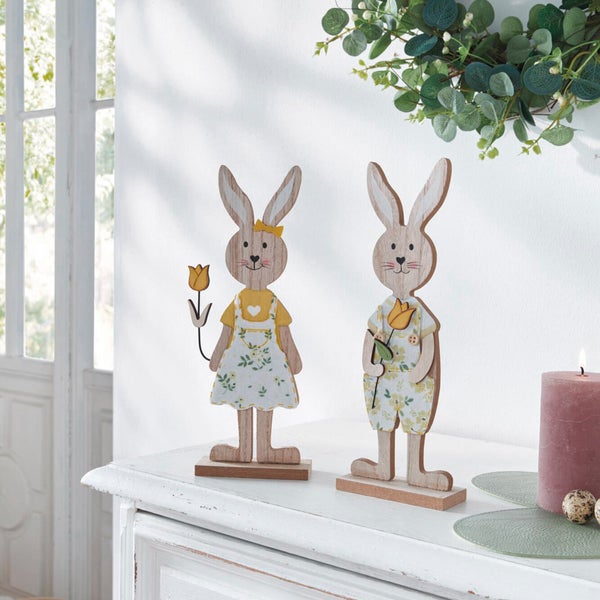 FRANK FLECHTWAREN|Hasenfigur Tulpen, 2er Set, 10 x 4 x 27 cm, MDF, METALL, BAUMWOLLE