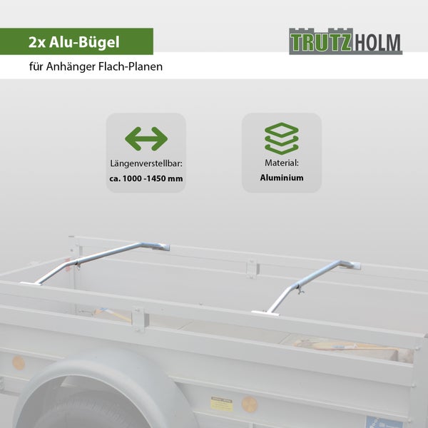 Zwei Aluminiumbügel für Anhängerflachplanen, längenverstellbar von circa 1000 bis 1450 Millimeter. Trutzholm Logo
