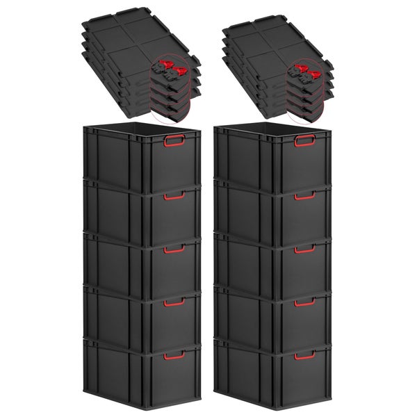 PROREGAL SuperSparSet 10x Eurobox NextGen Color mit Scharnierdeckel und Schiebeschnappverschlüssen, HxBxT 32x40x60cm, 65 Liter, Schwarz, Griffe rot geschlossen, Verstärkter Boden, Eurobehälter, Transportbox, Transportbehälter, Stapelbehälter