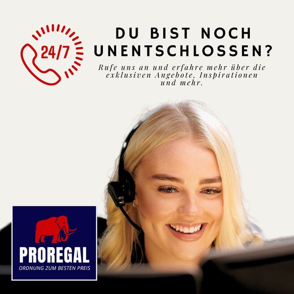 Kundenservice-Mitarbeiterin mit Headset, Symbol für Erreichbarkeit rund um die Uhr an sieben Tagen die Woche und Proregal Logo.