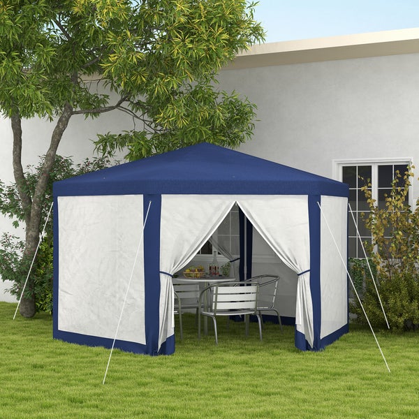 Outsunny Pavillon 4x3m Sechseckig Wasserabweisend Stabil Winterfest Pavillon mit Moskitonetz Partyzelt Gartenzelt mit 6 Seitenteilen Gartenpavillon für Camping Garten, Blau