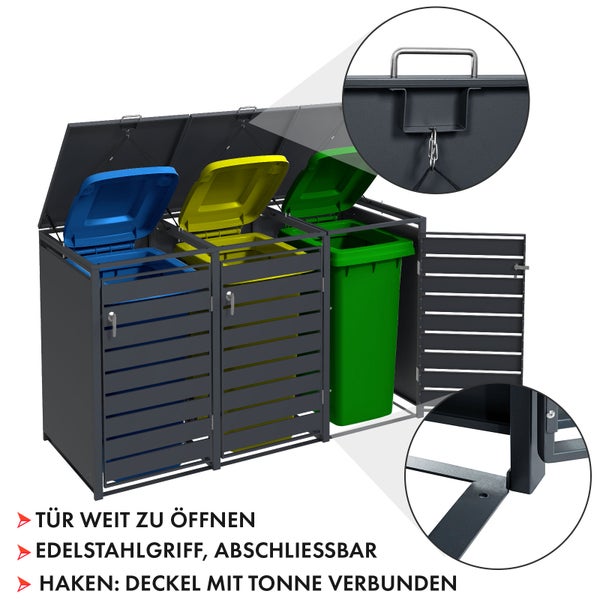 FLOORDIREKT Mülltonnenbox Magnus mit Edelstahlrahmen 198,5 x 80 x 116 cm - 3 Türen