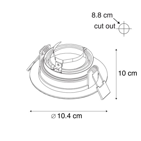 Maßzeichnung Einbaustrahler: Durchmesser 10,4 Zentimeter, Höhe 10 Zentimeter, Lochausschnitt 8,8 Zentimeter.