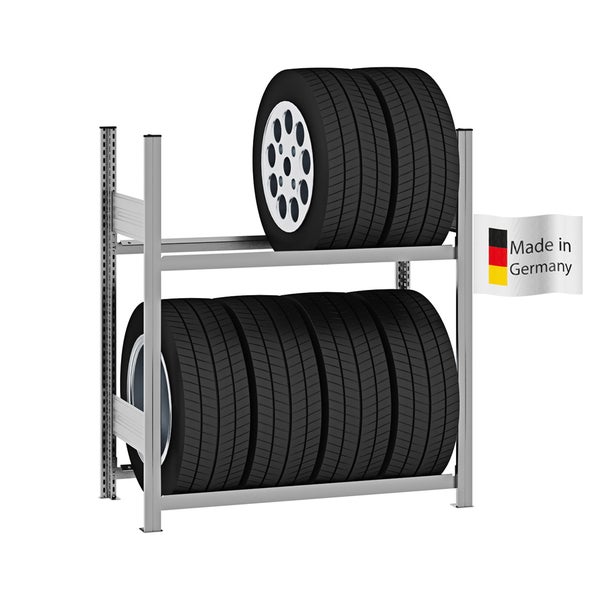 Reifenregal aus Metall mit zwei Ebenen, beladen mit Reifen. Hergestellt in Deutschland.
