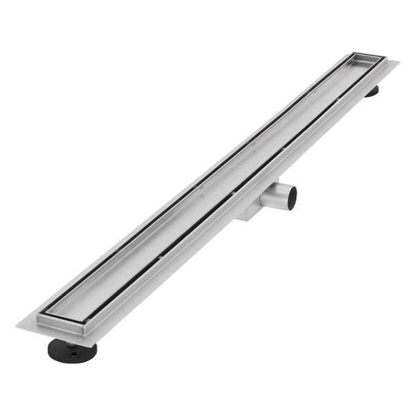 Lineare Duschrinne aus Edelstahl mit verstellbaren Füßen und horizontalem Auslauf.