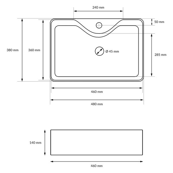 ECD Germany Design Waschbecken Waschtisch 480 x 380 x 140 mm inkl. Ablaufgarnitur für Waschbecken ohne Überlauf - Keramik Weiß Aufsatzbecken Aufsatzwaschbecken Waschschale Aufsatzwaschtisch Spülbecken