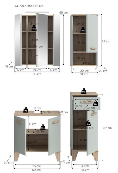 Technische Zeichnung eines Badezimmer Möbel Sets bestehend aus Spiegelschrank, Hängeschrank, Waschbeckenunterschrank und Kommode mit Maßen.