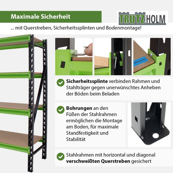 Trutzholm Schwerlastregal mit Sicherheitsmerkmalen wie Sicherungssplinten, Bodenverschraubung und verschweißten Querstreben für hohe Stabilität.