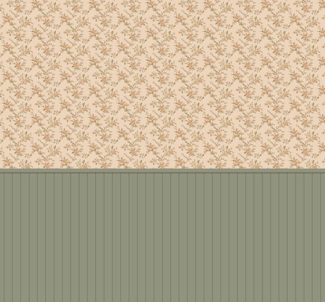 Wandgestaltung mit einer Kombination aus Tapete mit florale Blumenmuster im oberen Bereich und vertikal profilierter Wandvertäfelung im unteren Teil.
