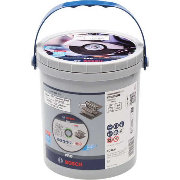 Eimer mit Bosch Trennscheiben Pro zum Schneiden von Edelstahl und Metall, 115 Millimeter