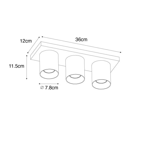 Abbildung einer Deckenleuchte mit drei Strahlern und Maßangaben