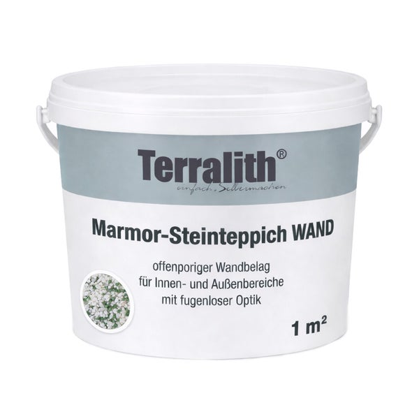 Terralith Marmor-Steinteppich Wand für Innen und Außen, Reichweite 1 Quadratmeter, im weißen Kunststoffeimer.