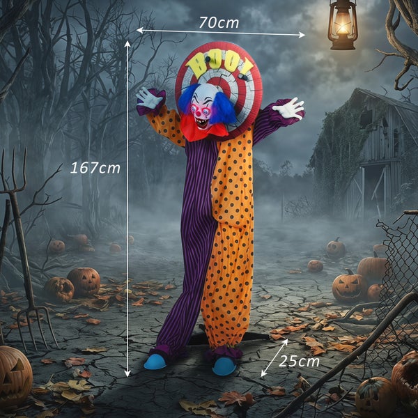 Animierte Halloween Clown Dekofigur mit Beleuchtung, 167 cm hoch, ideal als Gruseldekoration für den Außenbereich.