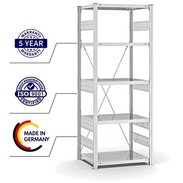 PROREGAL Fachbodenregal Stecksystem T-Profil Heavy-Duty Grundregal HxBxT 200 x 75 x 50 cm 5 Ebenen Fachlast 300 kg Einseitig Nutzbar Lichtgrau