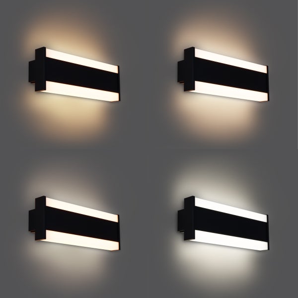 Rechteckige LED Wandleuchte in Schwarz mit zwei Lichtauslässen, Darstellung verschiedener Farbtemperaturen von warmweiß bis kaltweiß.