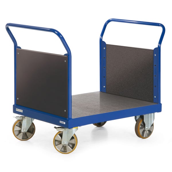 Blauer Transportwagen mit zwei Schiebegriffen und vier Rollen